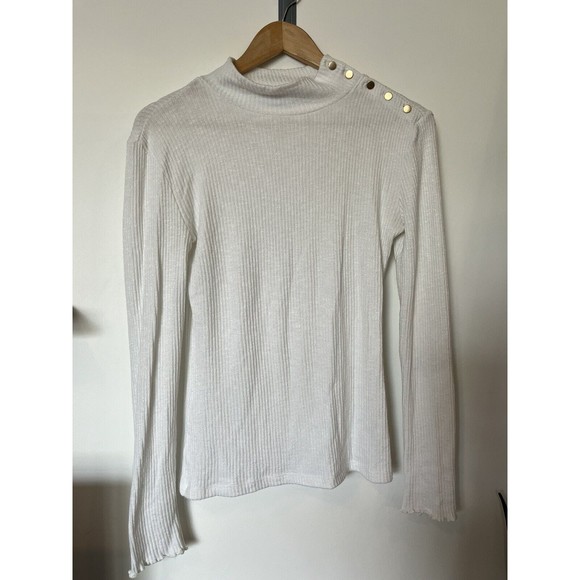 J Crew White Gold Button Detail Mock Neck Ribbed Long Sleeve Top Size Me… - Picture 1 of 8